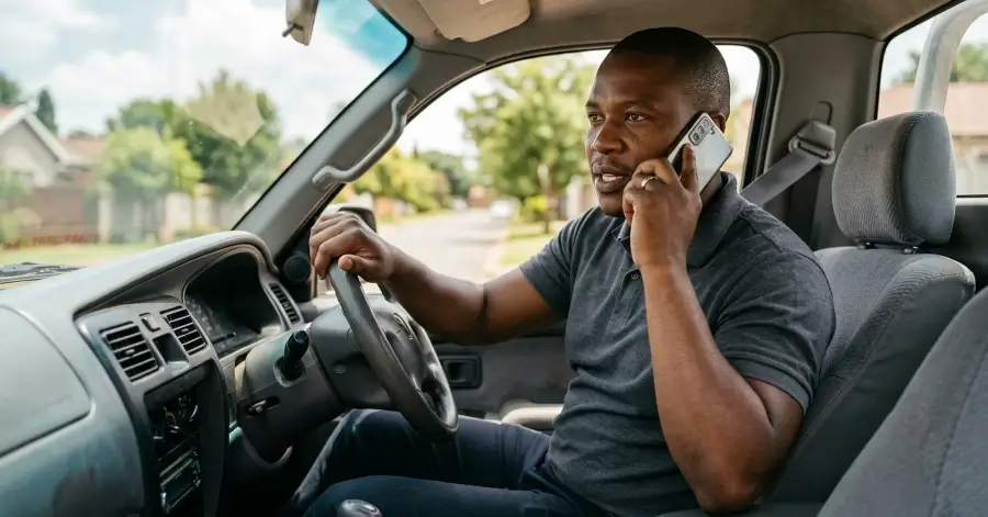 South African SMME owner taking a business call in his work bakkie