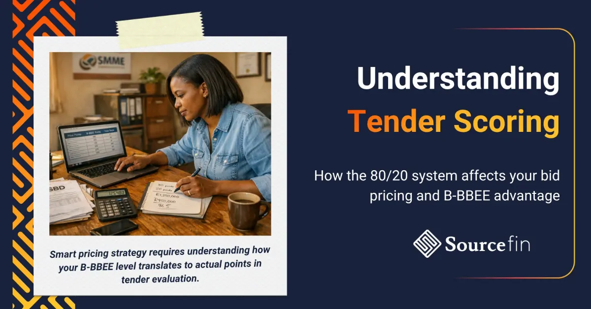 South African SMME business owner calculating tender scores using 80/20 preference points system for government bid