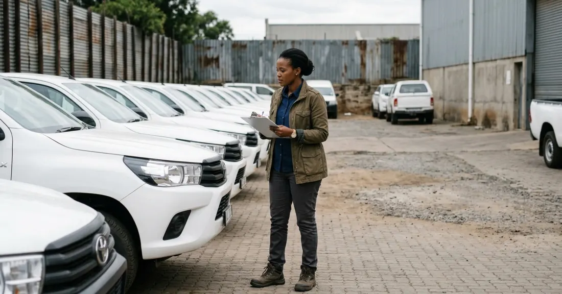 South African SMME business owner reviewing fleet of bakkies representing asset finance funder assessment process