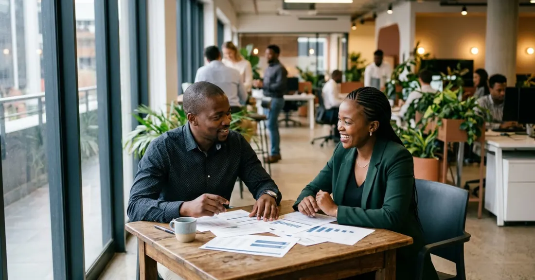Two South African business owners reviewing purchase order funding company options at a meeting table