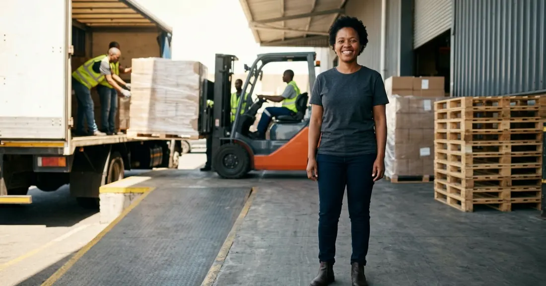 South African SMME owner overseeing successful order fulfilment at a warehouse loading dock