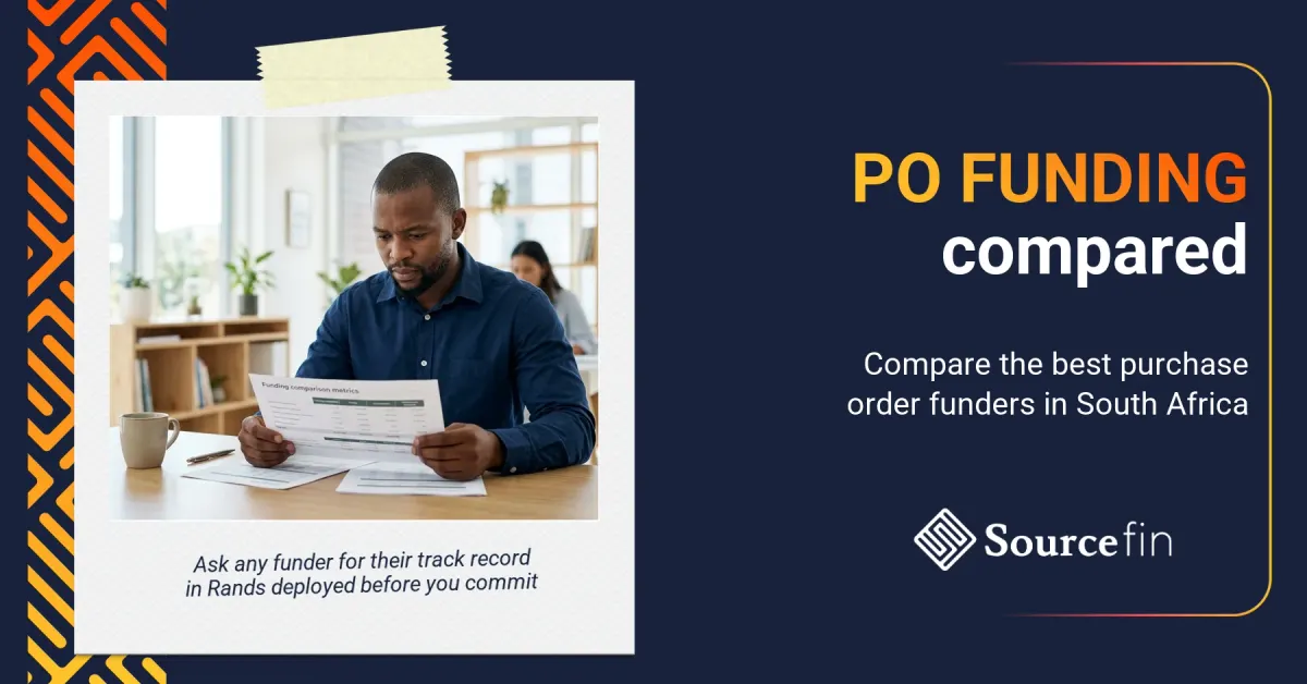 South African SMME owner reviewing purchase order funding company comparison documents at office desk