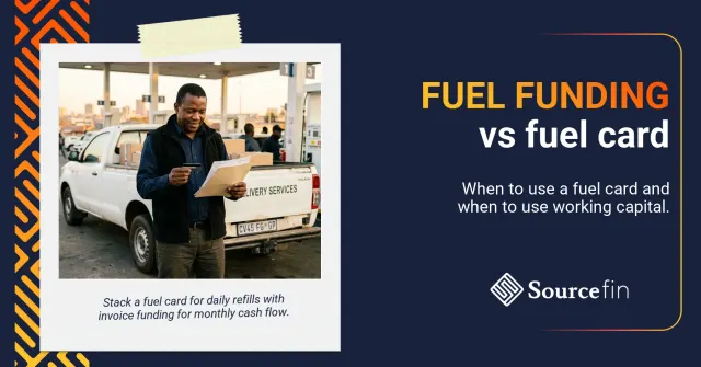 Business fuel loans vs fuel cards South Africa - SMME fleet owner comparing a fuel card and an invoice at a forecourt