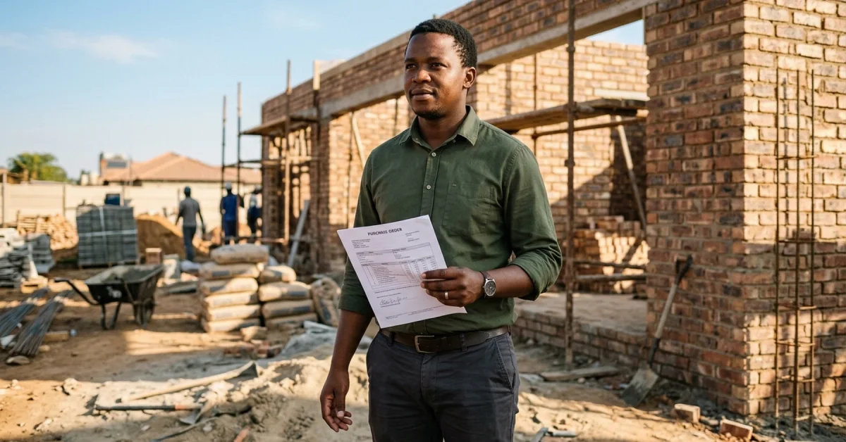 South African SMME owner reviewing a purchase order on site, the kind of opportunity that unlocks funding without collateral