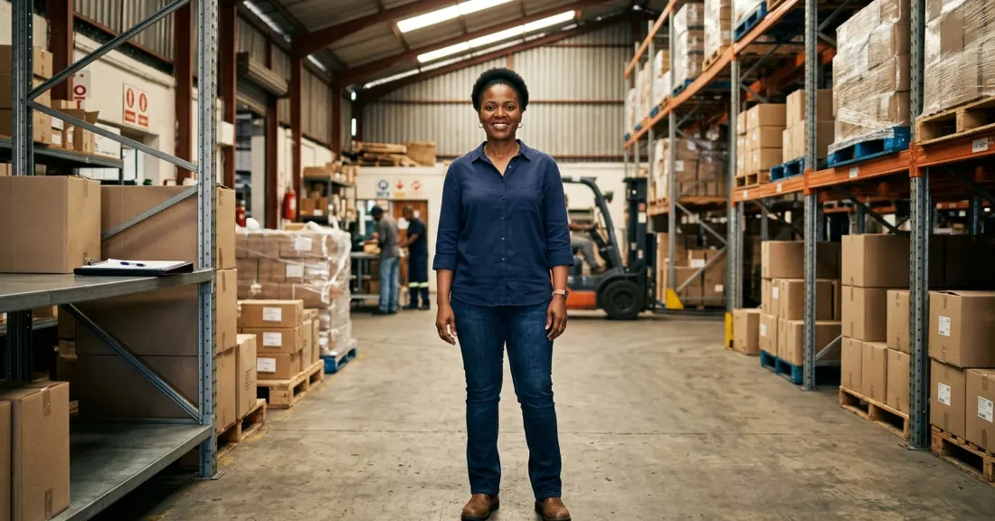 South African female logistics SMME owner in warehouse – invoice discounting working capital solution
