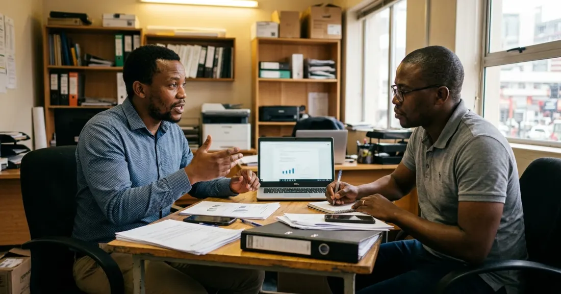 confidential vs disclosed invoice discounting South Africa – South African SMME co-directors discussing the choice between confidential and disclosed facilities