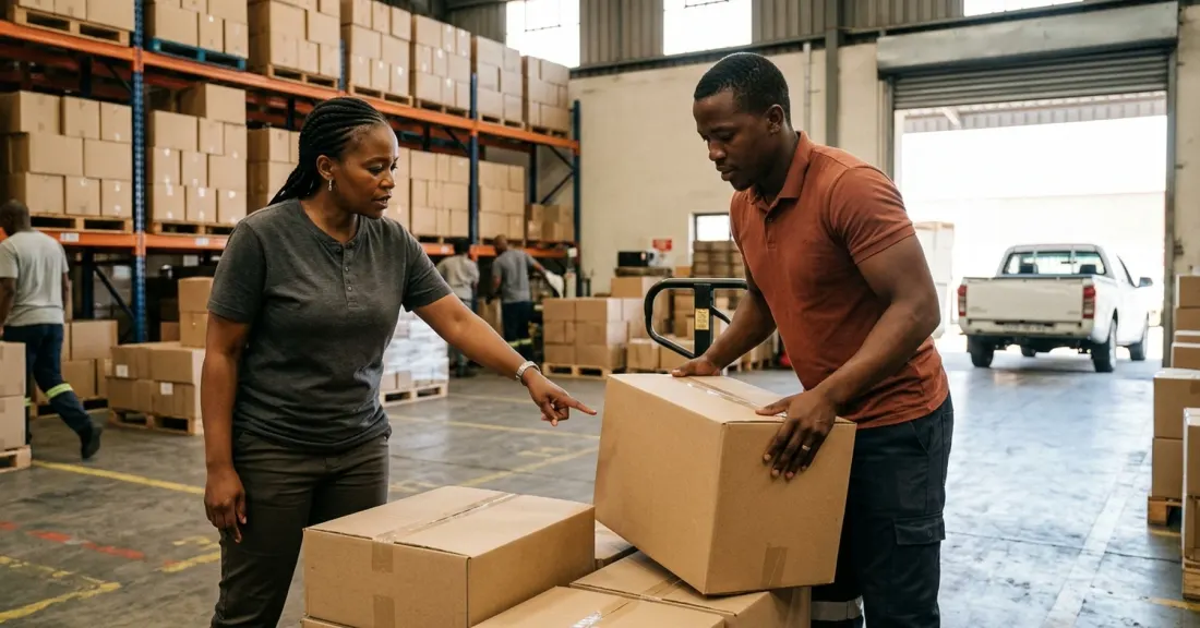 Fast-growing SMMEs South Africa: a small distribution team mid-shift in a busy warehouse