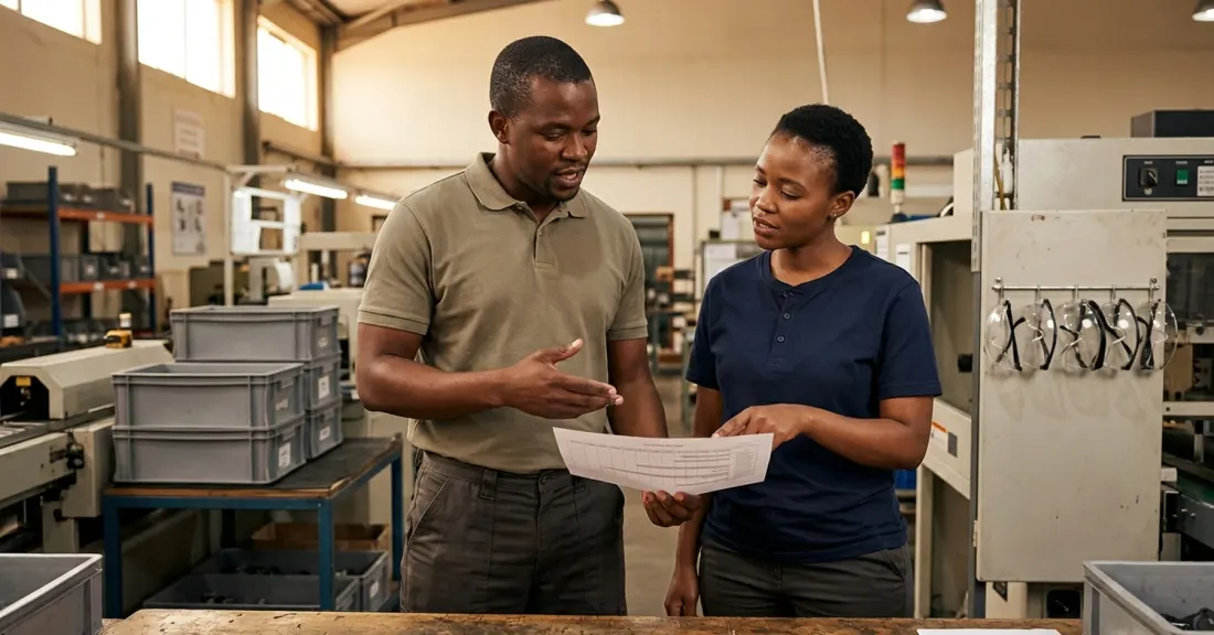 Fast-growing SMMEs South Africa: a manufacturing team on a busy production floor running a confirmed corporate order