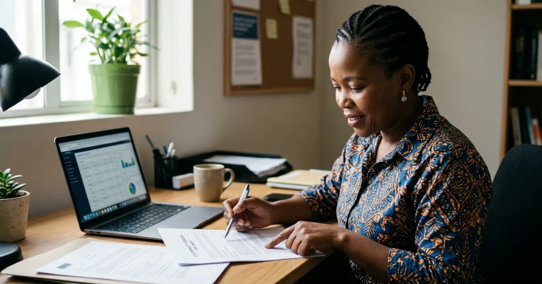 find government tenders South Africa free – South African business owner using TenderCentral to review government tender documents at her office desk