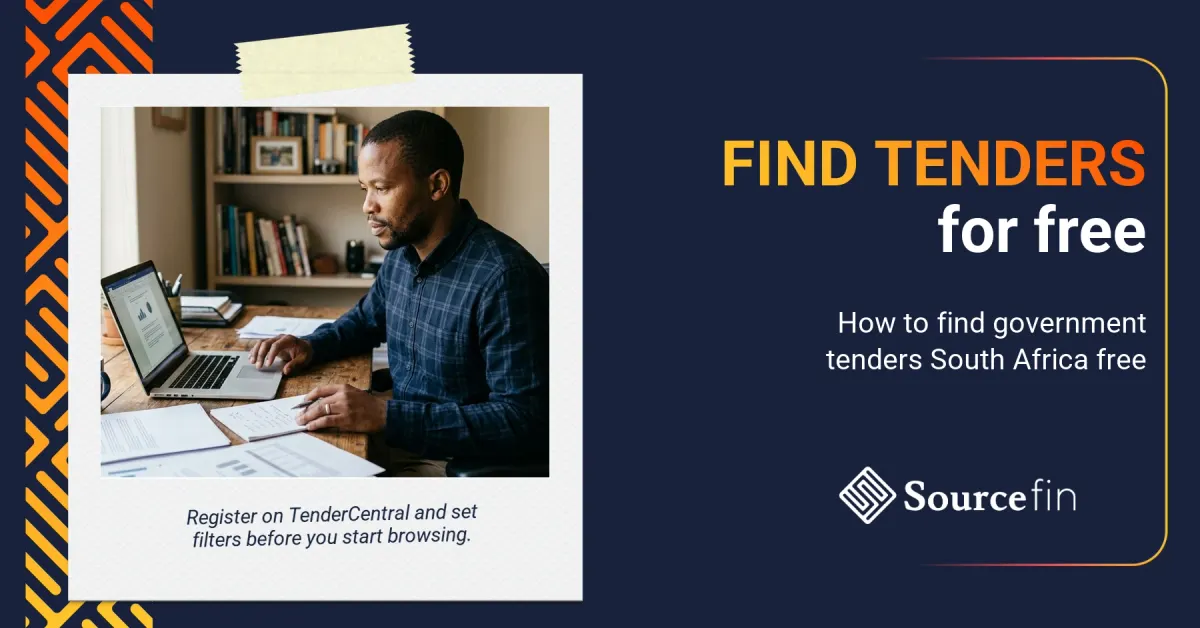 find government tenders South Africa free – South African SMME owner reviewing tender documents at a desk with laptop open