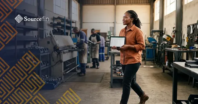 Manufacturing SME owner walking the factory floor with a tablet in hand past working machinists