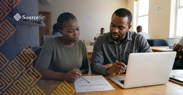 Two South African business colleagues working through a purchase order side by side at an office desk