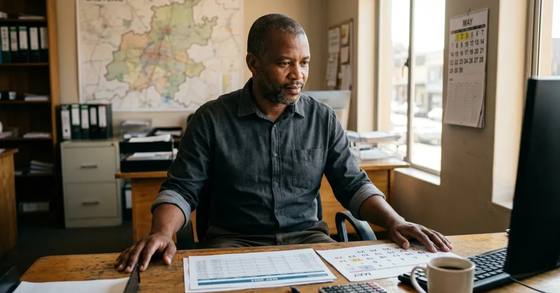 Fuel levy repayment 2026 South Africa - SA SMME owner reviewing fuel cost forecasts at his office desk