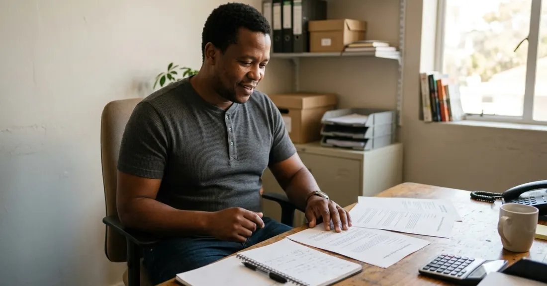 Funding companies South Africa: SMME owner comparing funding options at a small business desk