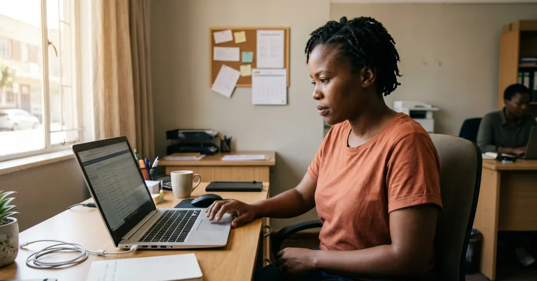 South African SMME business owner researching infrastructure tenders South Africa 2026 opportunities on laptop