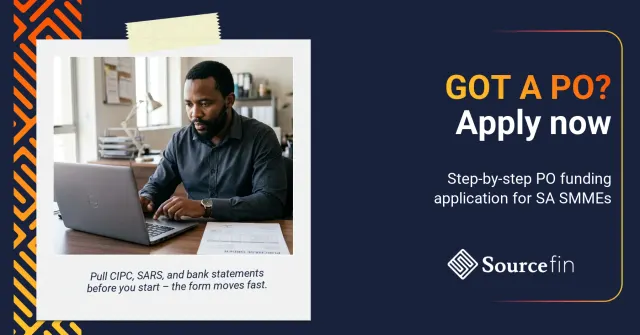how to apply purchase order funding South Africa – South African SMME owner submitting a PO funding application at his desk