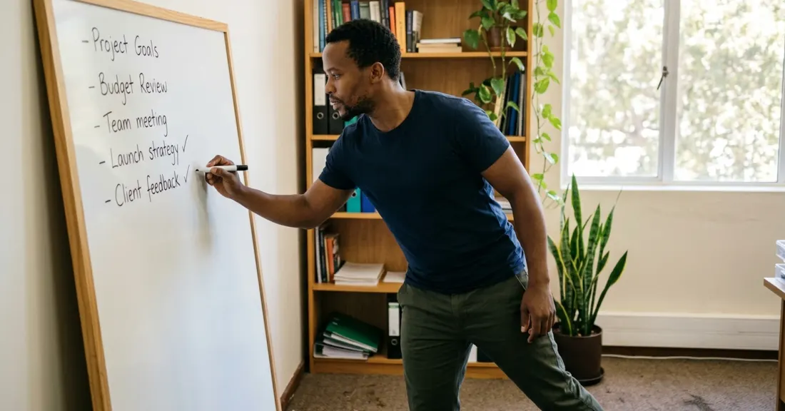 South African SMME owner reviewing purchase order funder selection criteria on a whiteboard