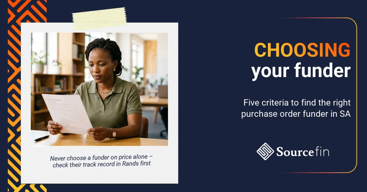 South African SMME owner evaluating purchase order funder options using a selection checklist