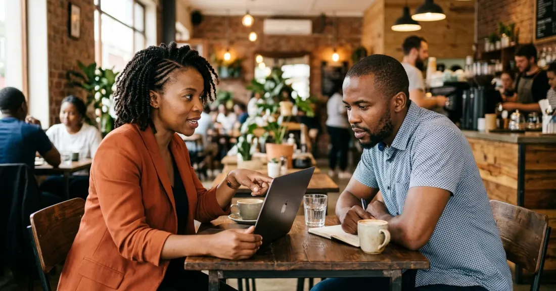 Two South African business owners discussing how to match their story to the right funding product