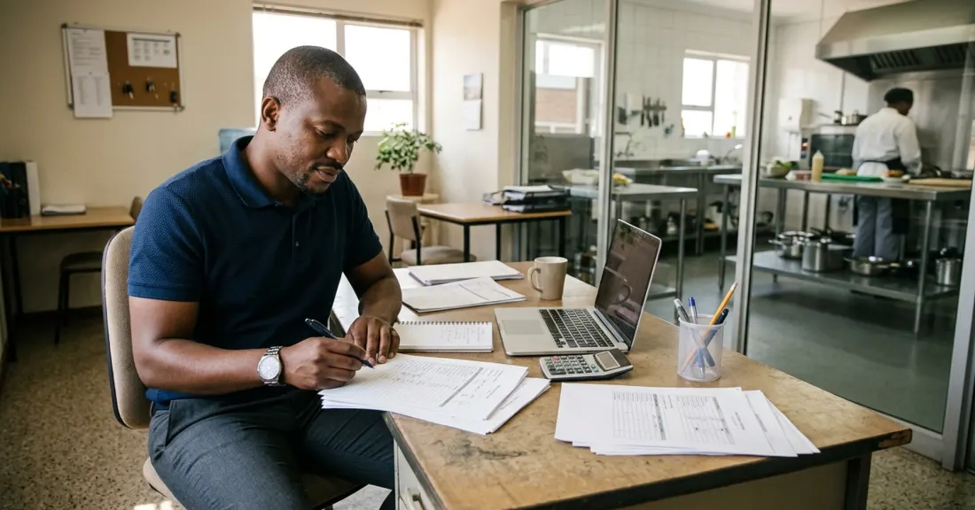 South African catering business owner reviewing delivery invoices at desk – invoice discounting catering working capital