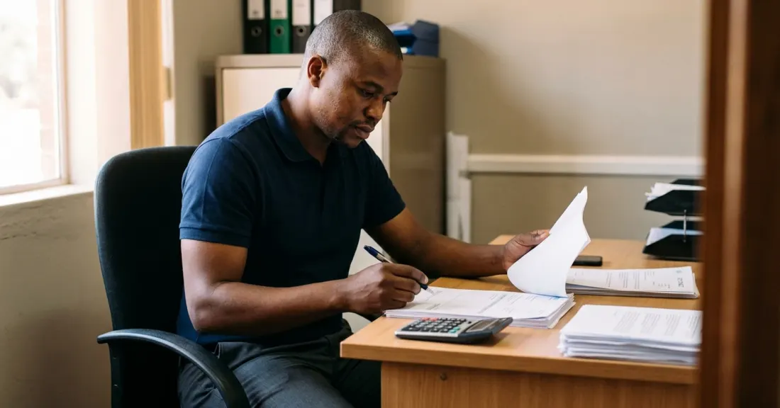 South African cleaning services business owner reviewing invoices \u2013 invoice discounting cleaning cash flow solution