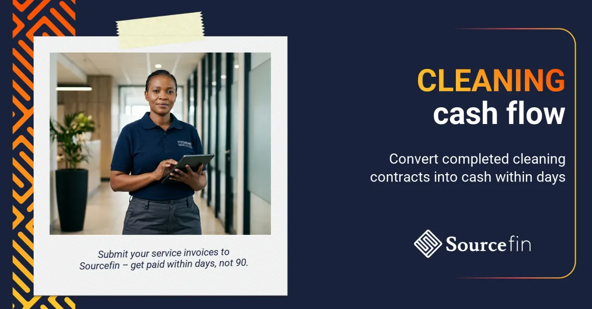 South African cleaning SMME owner in office corridor – invoice discounting cleaning services cash flow solution