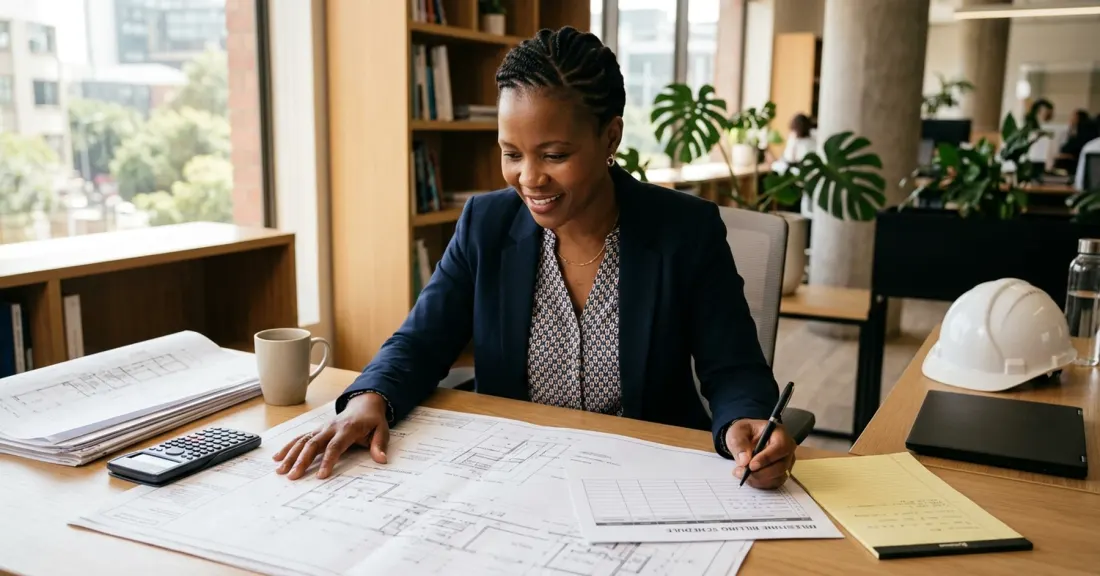Invoice discounting for engineering services in practice: SA engineering SMME owner reviewing technical drawings and a milestone billing schedule