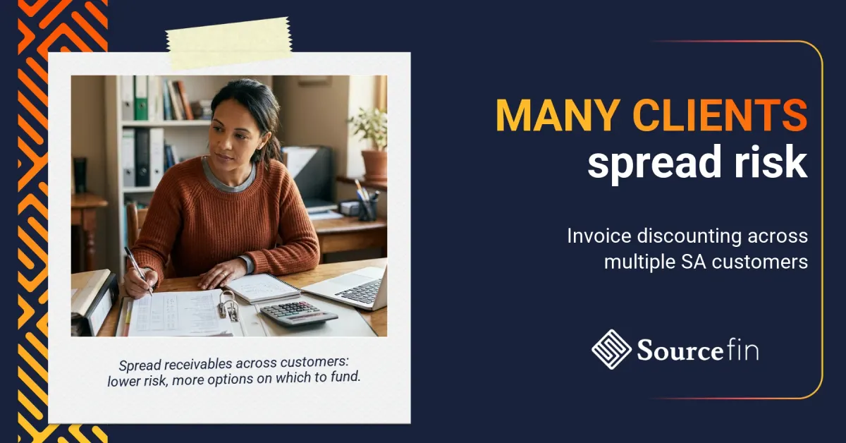 Invoice discounting for multiple customers: SA SMME owner reviewing a multi-customer ledger at her desk