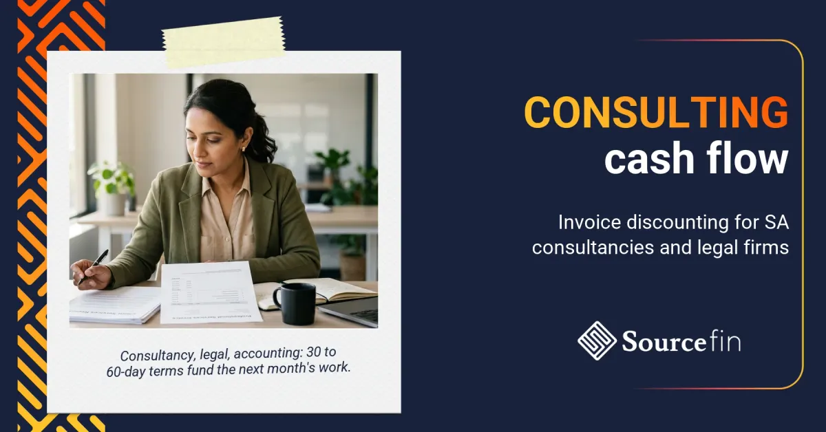 Invoice discounting for professional services: SA consultancy SMME owner reviewing a client report at her desk