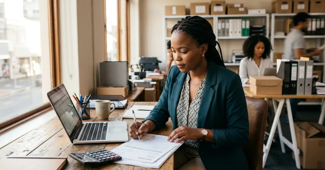 Invoice discounting for women-owned businesses in practice: SA SMME owner reviewing a customer invoice at her desk