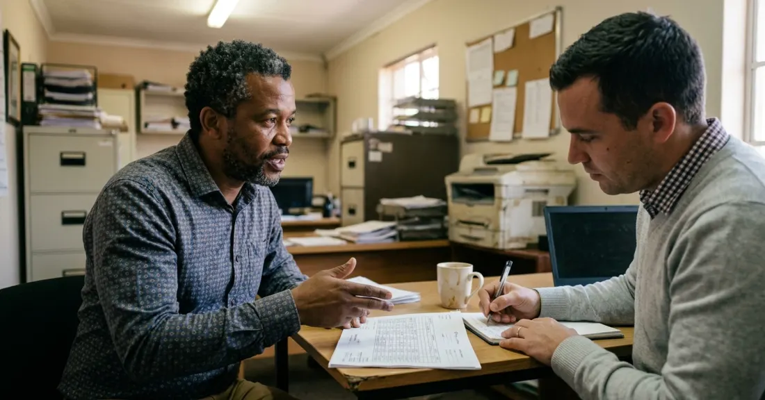 invoice discounting government contracts South Africa – South African SMME owner reviewing a register of outstanding government invoices with a funding advisor