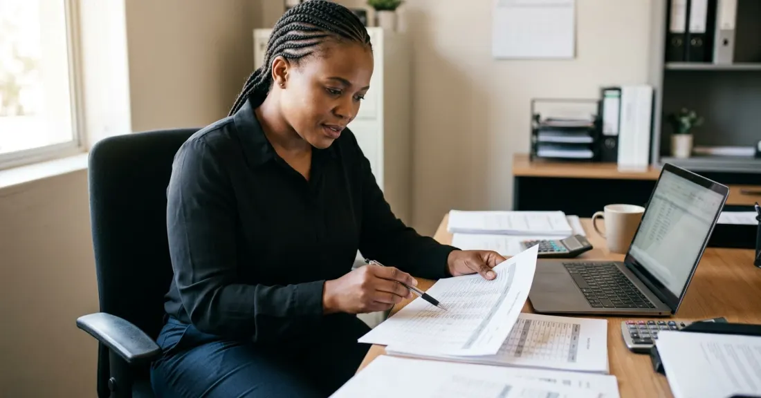 South African security company owner reviewing guard payroll – invoice discounting security services working capital