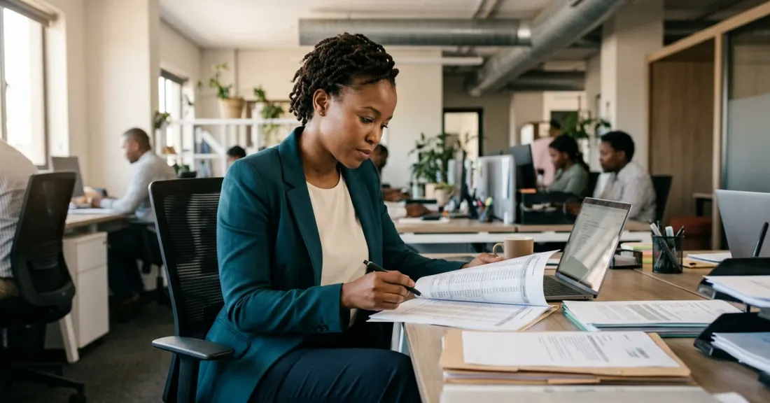 South African staffing agency manager reviewing payroll documents at desk – invoice discounting staffing working capital