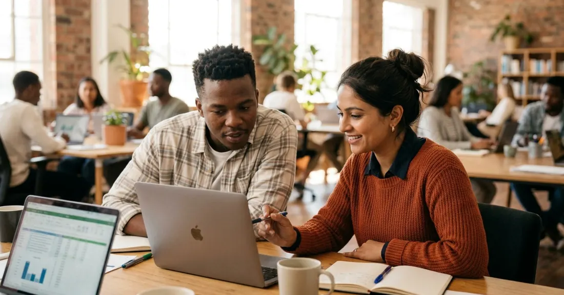 invoice discounting startups South Africa – two young South African co-founders reviewing their first customer invoices for funding