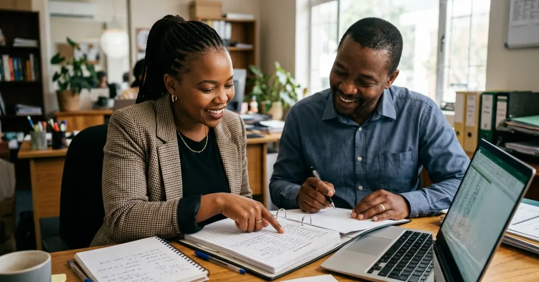 invoice discounting tender winners South Africa – South African tender winner reviewing delivered work and outstanding invoices with a funding advisor