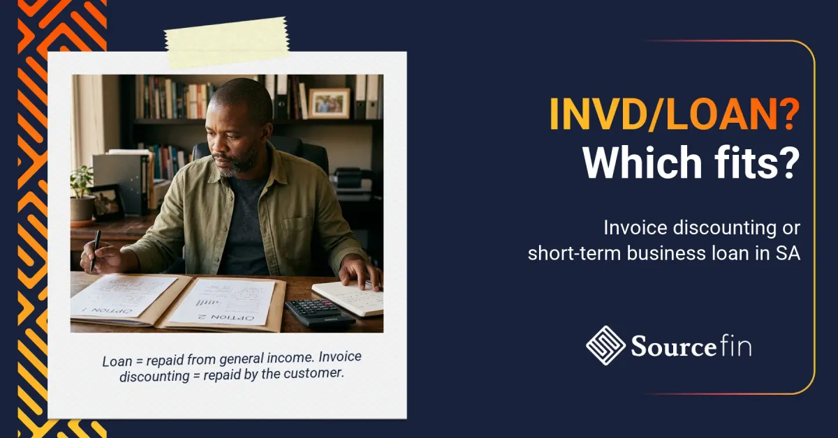 Invoice discounting vs short-term business loan: SA SMME owner weighing two options at his desk