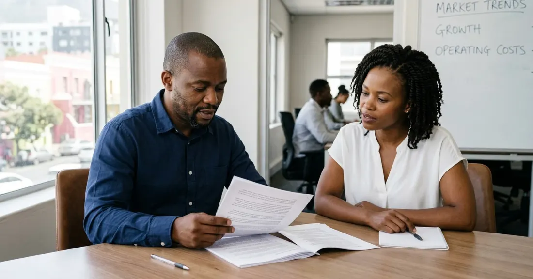 South African SMME business owner and colleague evaluating invoice factoring company options at an office desk
