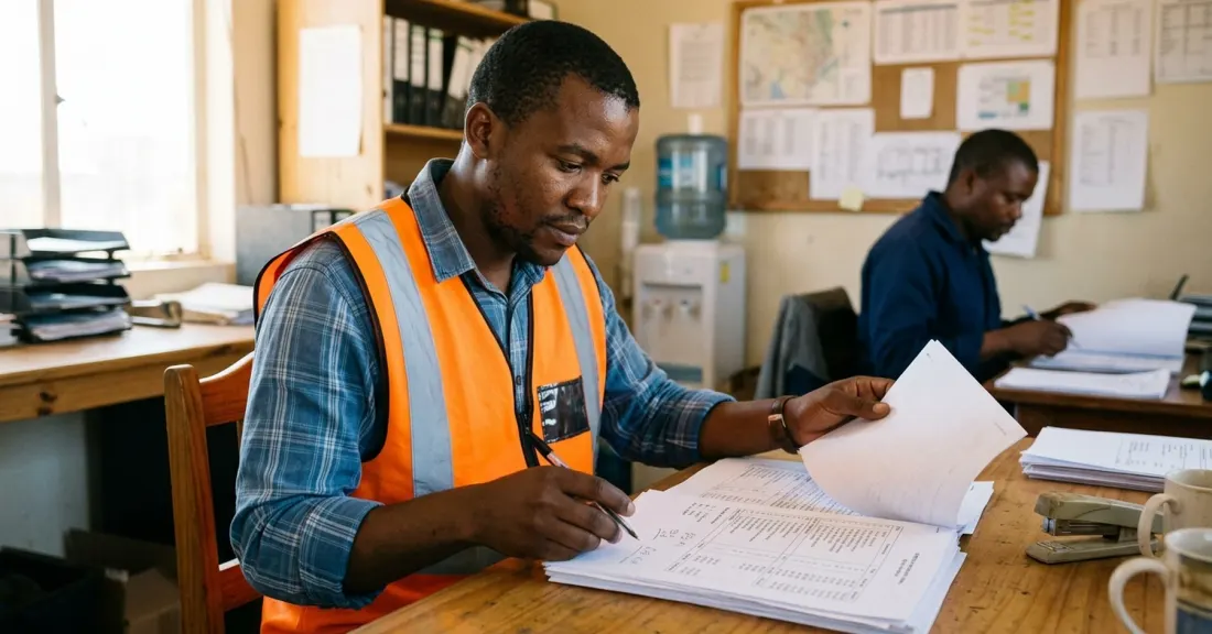 South African construction SMME team reviewing invoice factoring documentation at a site office