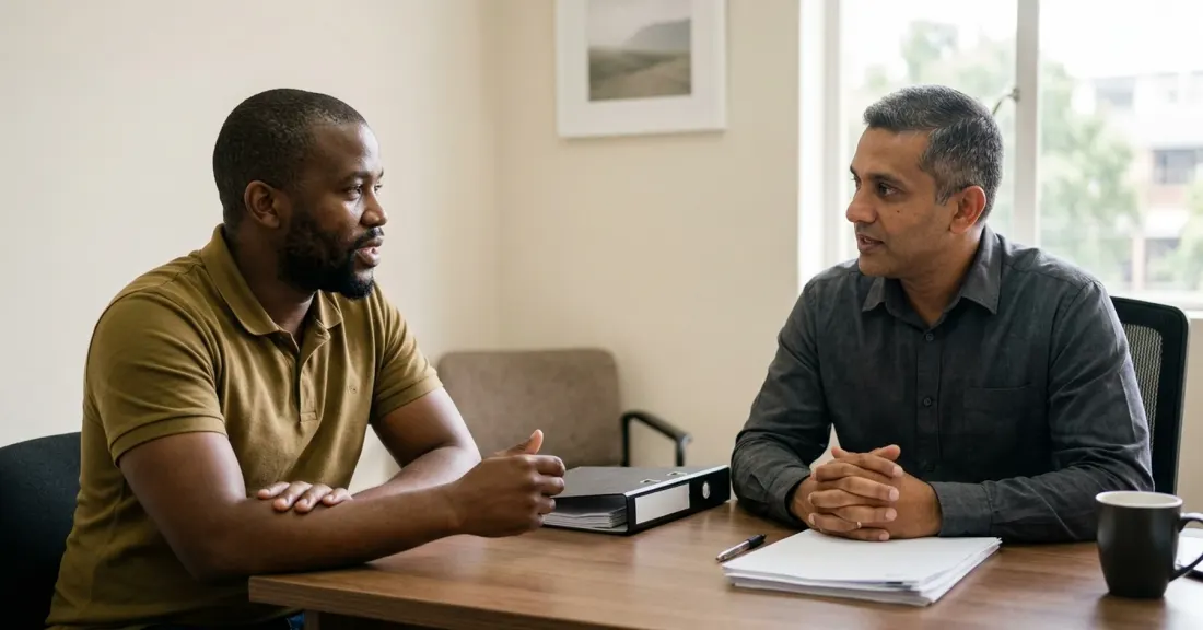 South African SMME business owner discussing invoice factoring rates South Africa with a finance professional