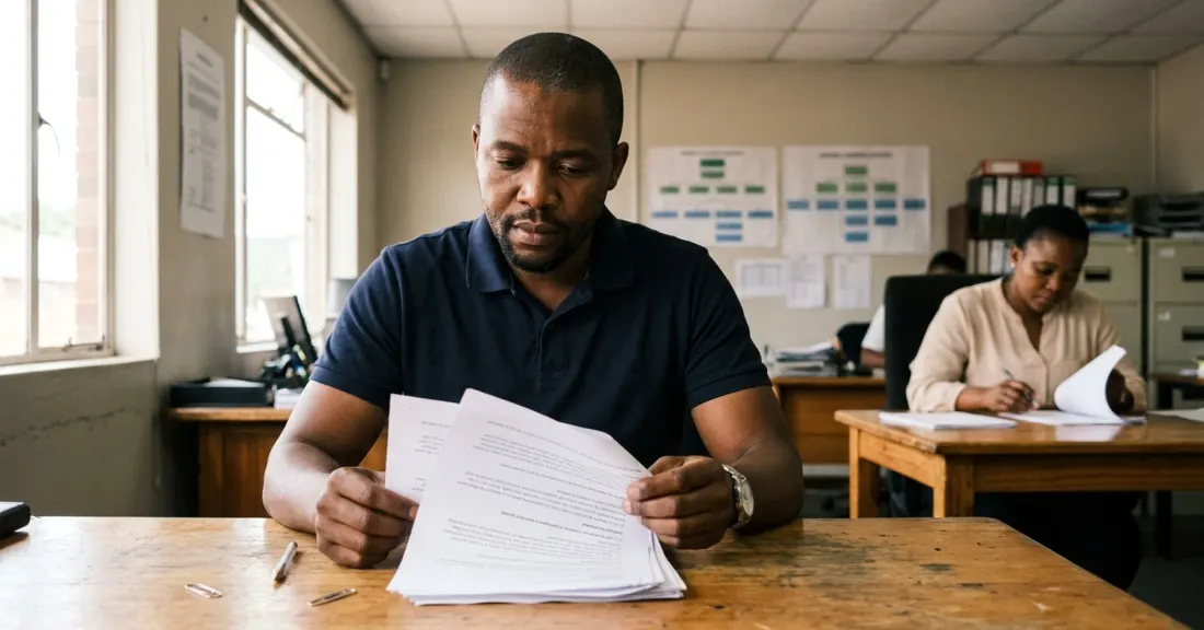 South African SMME team reviewing invoice factoring requirements documentation in a small office