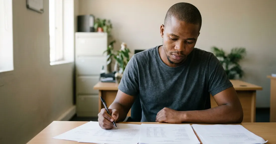 Young South African SMME small business owner reviewing invoice factoring documentation at a desk