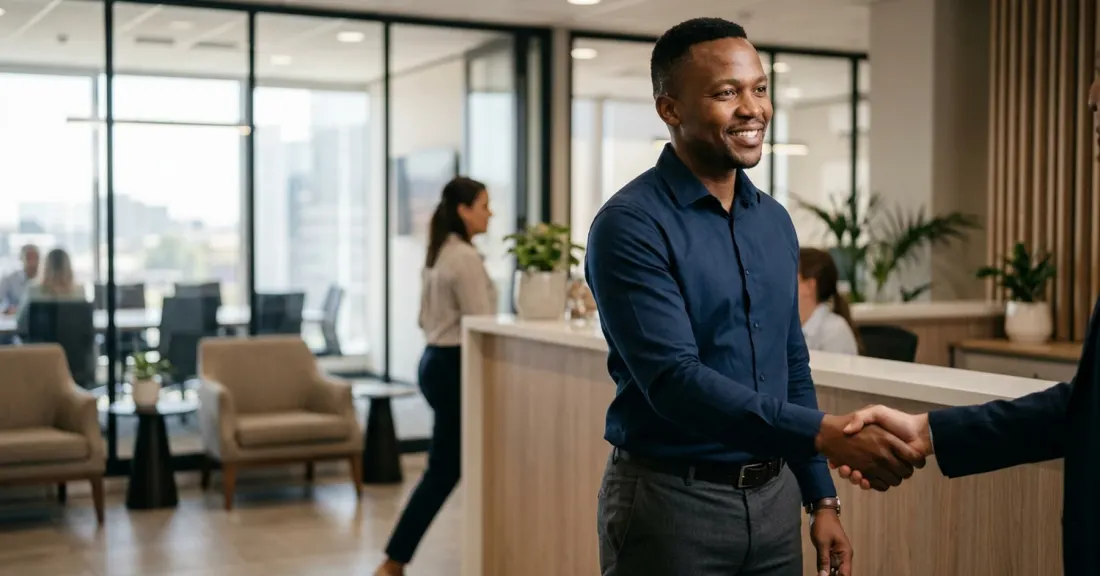 South African SMME business owner completing a deal with a government client, suited for invoice discounting not invoice factoring