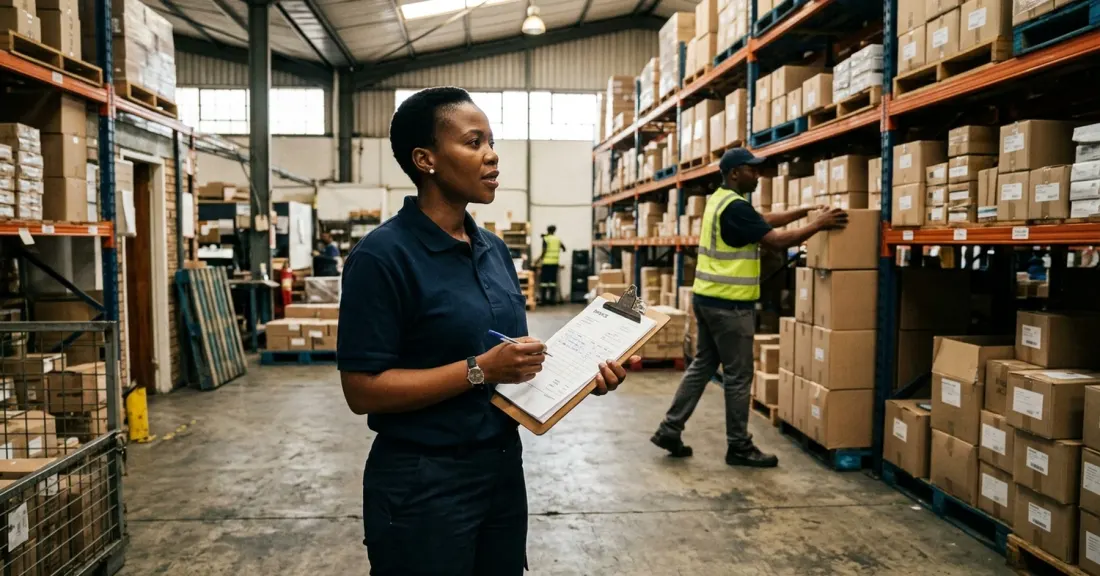 South African small business owner reviewing an invoice in her warehouse – invoice discounting for bad credit