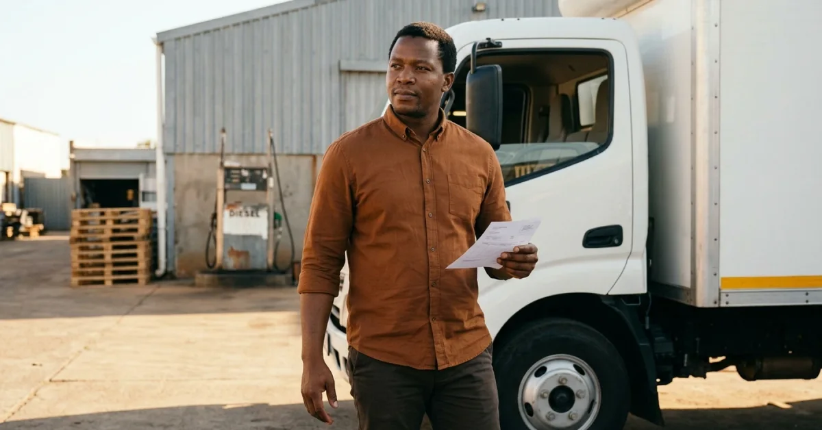 South African transport business owner reviewing diesel costs and payment terms at a depot