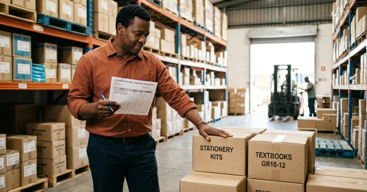 South African wholesale supplier checking a delivery against a confirmed purchase order in a warehouse