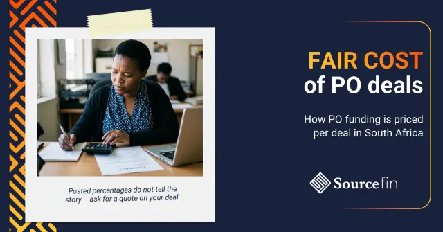 purchase order funding costs South Africa – South African SMME owner working through deal numbers and PO funding cost factors at her desk