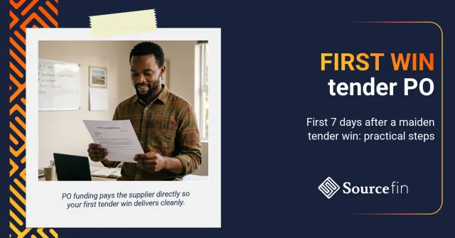 Purchase order funding first time tender: SA SMME owner reading a maiden tender award letter at his office desk