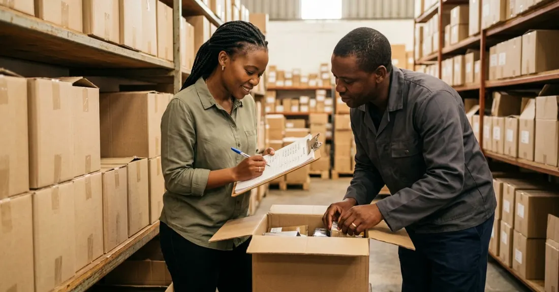 Purchase order funding for distributors in practice: SA wholesale SMME team checking stock against a confirmed retail order