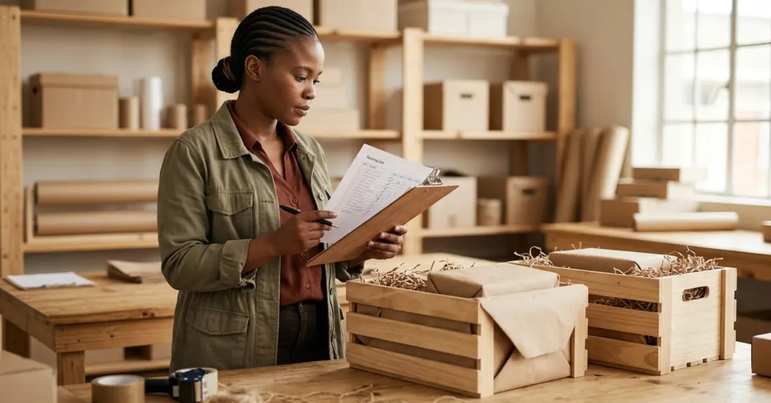 Purchase order funding for export orders in practice: SA SMME exporter preparing a confirmed export order for shipping at her workshop