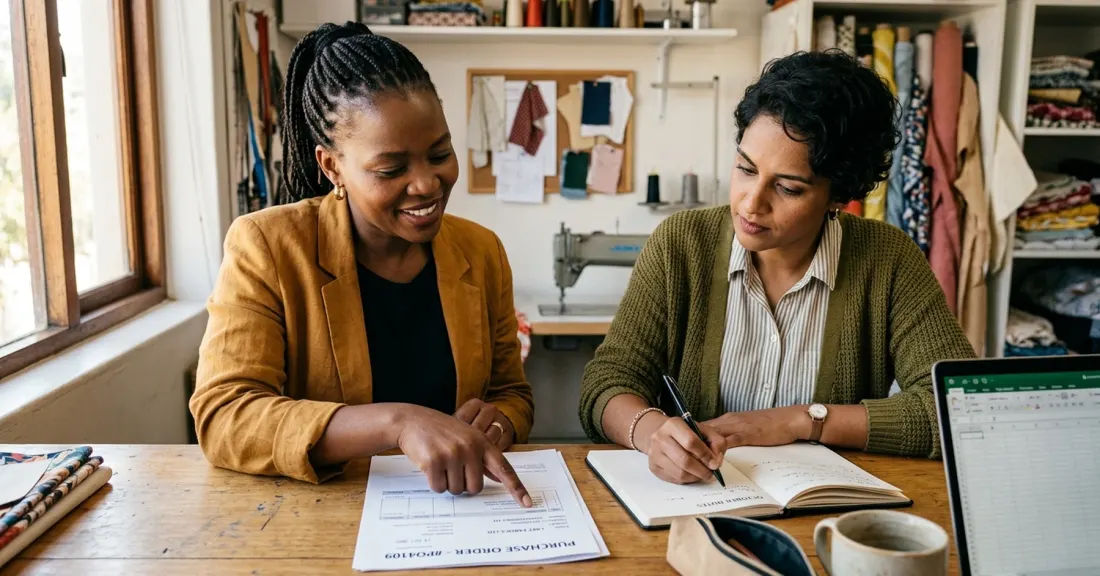 Purchase order funding for women-owned businesses in practice: SA women-led SMME team reviewing a confirmed purchase order